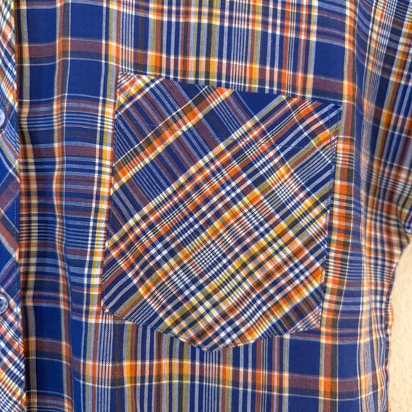 Vintage 70s Felive Blue Short Sleeve Check Plaid Button Down Shirt Large - Picture 8 of 10